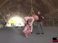 Public slut in bondage fucked outdoor at public place