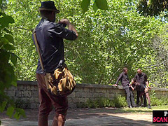 Public babe deepthroating outdoor while spanked in 3some