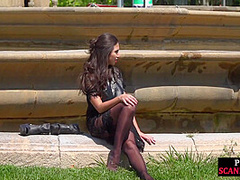 Public babe deepthroating outdoor while spanked in 3some