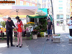 Tattooed public babe deepthroats in 3some for voyeurs