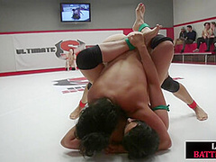 Asian dyke wrestler with big boobs fights in public