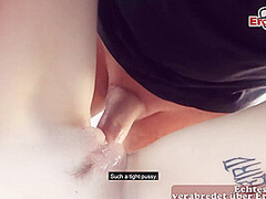 German Skinny student teen pickup at public bus station for risky sex