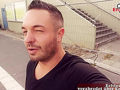 German Skinny student teen pickup at public bus station for risky sex