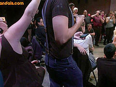 Public BDSM anal babe gangbanged in front of voyeurs