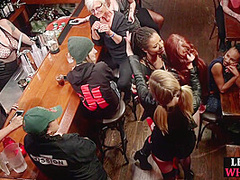 Sub lez babes strapon fucked in public orgy by lezdoms