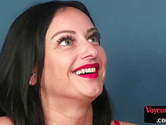 Voyeur busty MILF teases black cock wanker till cum