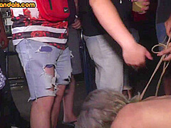 Public BDSM slut rims guys asshole in front of voyeurs