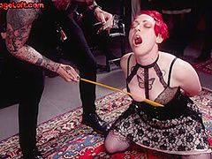 Public BDSM babe with toys in ass licked in front of voyeurs