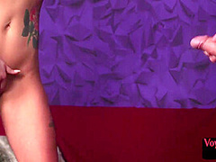 Voyeur femdom busty British MILF teases guy who jerks cock