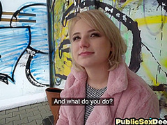 Public slut enjoys fucking on BWC after throating on it