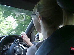 Voyeur cute babe teases her BF jerker outdoor from car