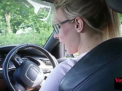 Voyeur cute babe teases her BF jerker outdoor from car