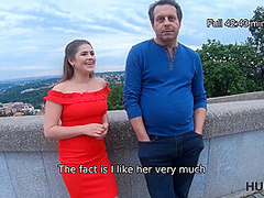 Girl With Dark Hair Helps Old Man Relax With Her Twat