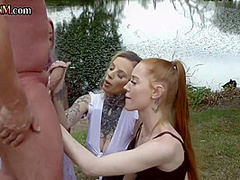 CFNM outdoor BJ British ladies suck cock in group blowjob