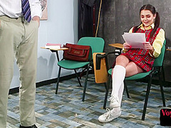 Voyeur CFNM college uniform GF teases professor who jerks