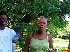 Submissive Bald Black Beauty Sucks MEGA White Dildo And is Fucked Outdoors