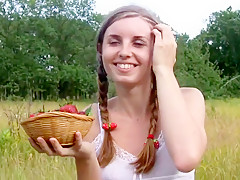 Cute russian girl lydia pleasing herself with strawberries