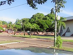 Cute brunette playing with pussy and dildo in public