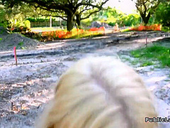 Slim Blonde Bangs In Public For Fast Cash