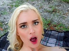 Slim Blonde Bangs In Public For Fast Cash