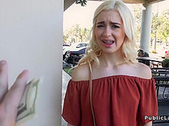 Slim Blonde Bangs In Public For Fast Cash