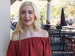 Slim Blonde Bangs In Public For Fast Cash