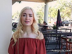 Slim Blonde Bangs In Public For Fast Cash