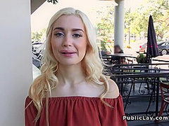 Slim Blonde Bangs In Public For Fast Cash