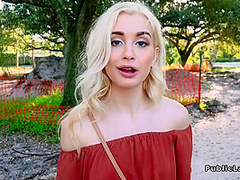 Slim Blonde Bangs In Public For Fast Cash