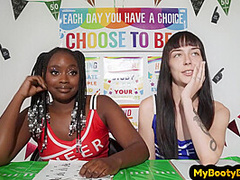 Big booty Ebony cheerleader babe fucked in front of voyeurs