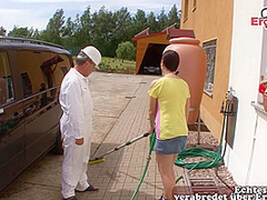 German stupid skinny teen get outdoor fuck from his old man boss