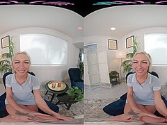 Petite blonde plays with her toys for you in VR
