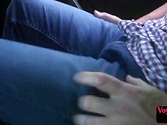 21yo voyeur GF teases her BF who jerks cock outdoor by car