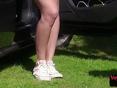 21yo voyeur GF teases her BF who jerks cock outdoor by car