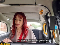 Redhead taxi babe fucked in car outdoor by taxi driver