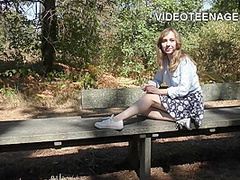 shy 18 years old girl shows her hairy pussy in public park