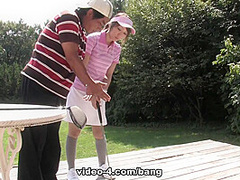 Japanese babe sucks her golf partners dick and balls while on the course - BANG
