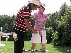 Japanese babe sucks her golf partners dick and balls while on the course - BANG