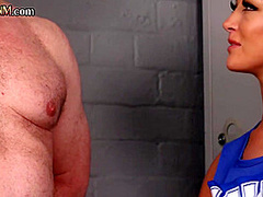 CFNM handjob cheerleader babe wanks locker room cock