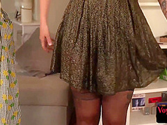 Voyeur redhead in lingerie teases BF while jerks cock