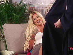 Voyeur British MILF in lingerie teases man who jerks cock
