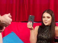 Voyeur CFNM femdom babe in stockings teases guy who jerks