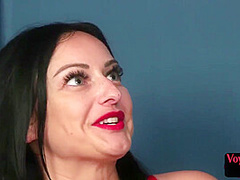 Voyeur British babe teases Black wanker with big fake boobs