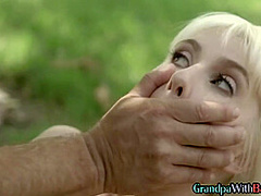 Senior man licks and fucks 21yo small boobs GF outdoor