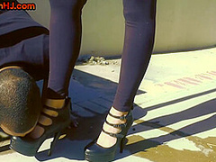 IR busty HJ domina in leather titfucks cock outdoor till cum