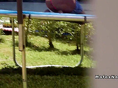 Blonde Teen Bangs Peeping Tom In Trampoline