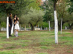 Submissive public babe throat fucked in outdoor public 3some