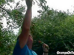 Teen slut fucks oldies in MFF threesome