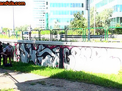 IR public slut 3some fucked outdoor in mouth and pussy