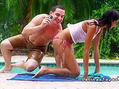 Latina Brunette Fucking In The Rain At Pool